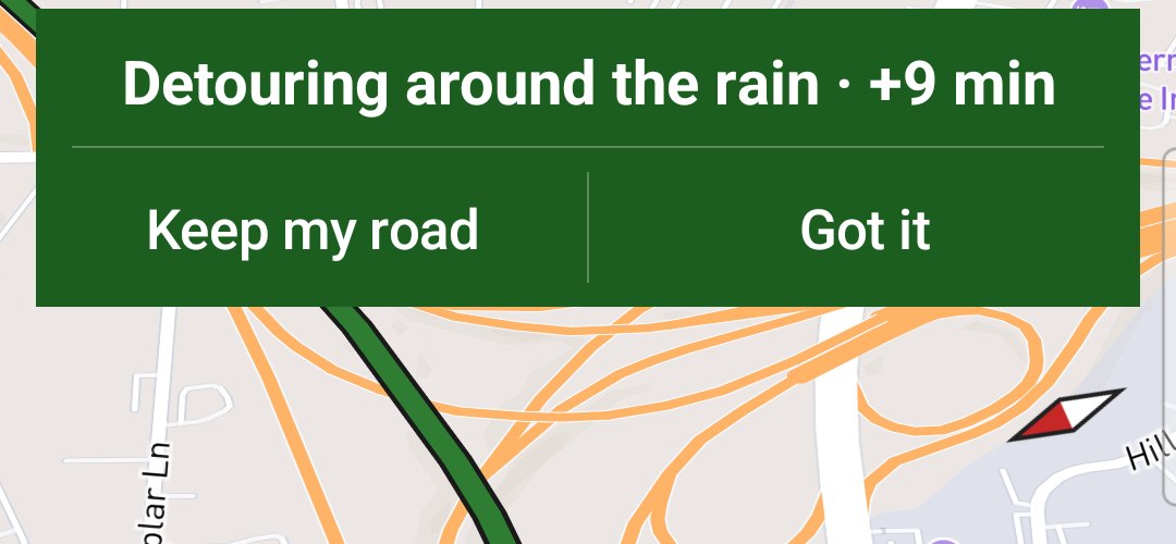 Guidance over Nashville: the map and the green bar Detouring around the rain, +17 min, with Keep my road and Got it