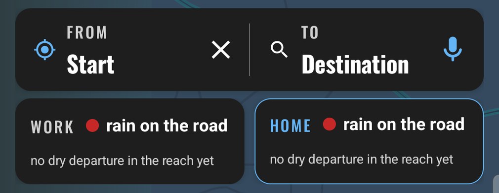 The idle screen over a live storm in southeast Idaho: the Work and Home chips under the search card, both reading rain on the road, no dry departure in the reach yet