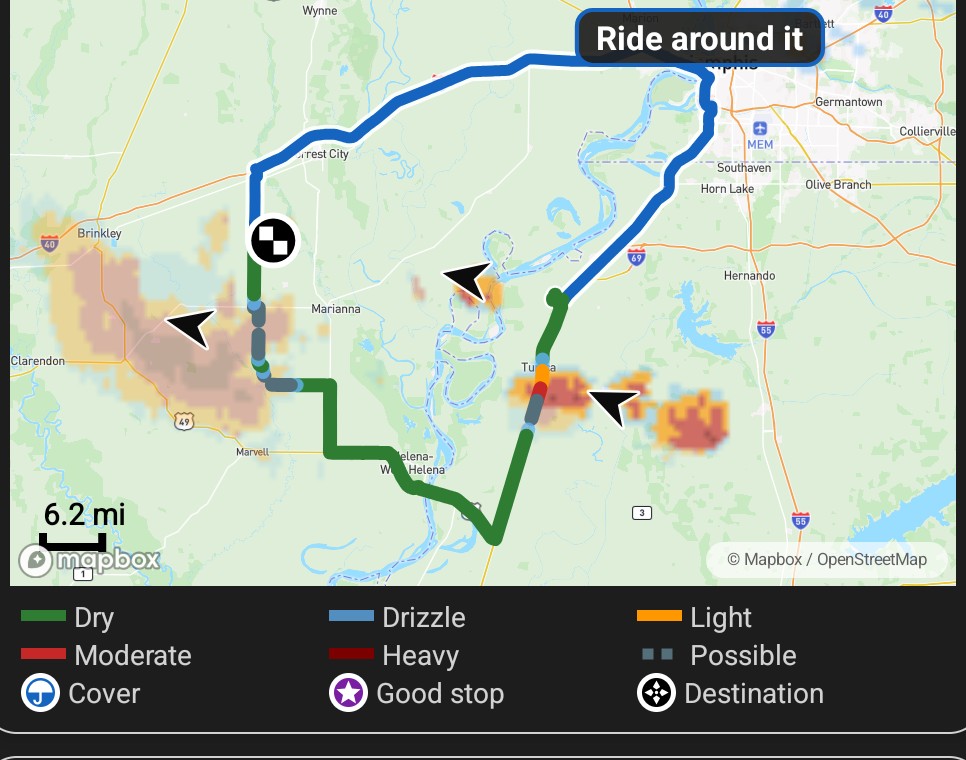 A real storm near Tunica, Mississippi on the plan picture: the direct road runs into a heavy cell, the way around is drawn in blue and the radar that followed kept it dry