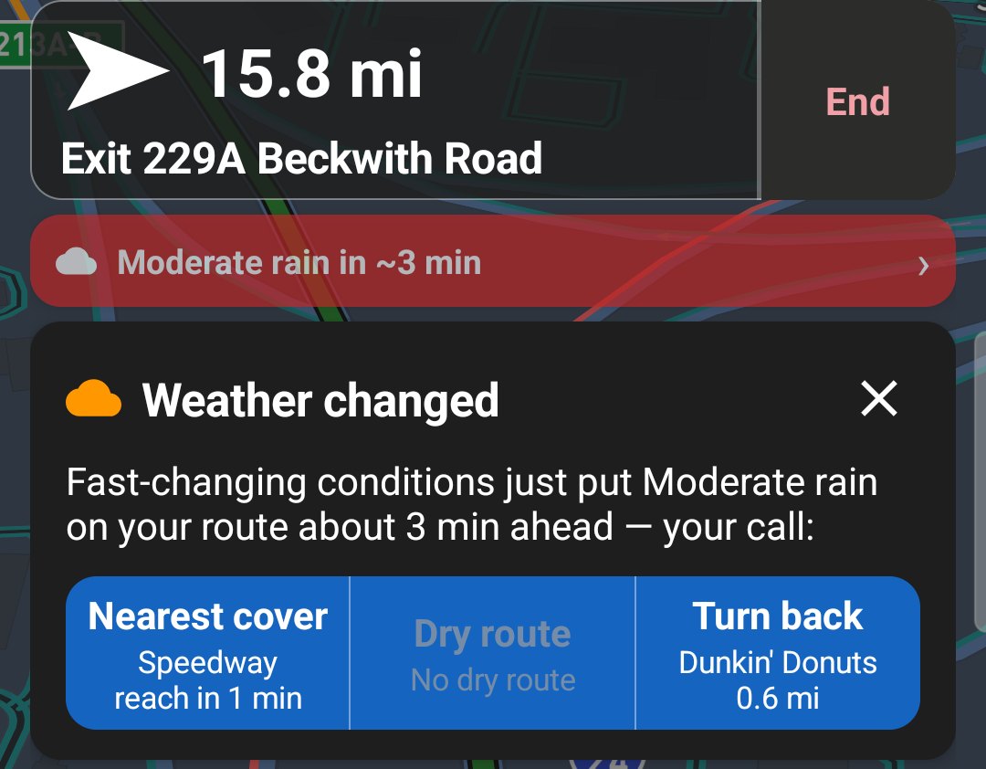 Guidance with the rain strip and the Weather changed card: Nearest cover, Dry route and Turn back