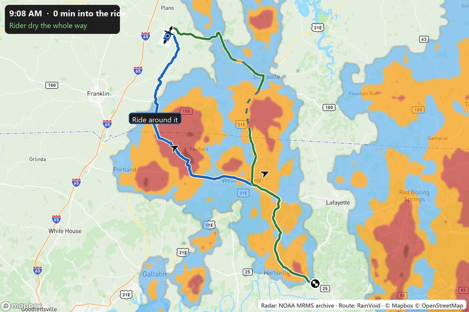 A simulated ride through a real storm near Nashville: the direct road runs into the rain cells while the app's blue loop stays dry as the cells move east